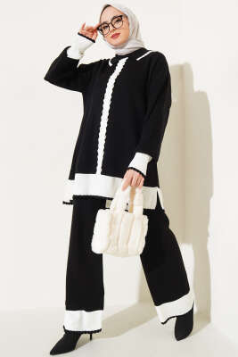 Taşlı Gömlek Yaka Triko İkili Takım Siyah 