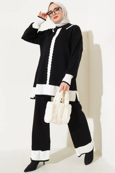 Taşlı Gömlek Yaka Triko İkili Takım Siyah - İkili Takım