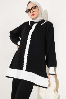 Taşlı Gömlek Yaka Triko İkili Takım Siyah - İkili Takım