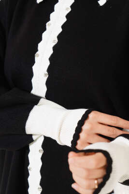 Taşlı Gömlek Yaka Triko İkili Takım Siyah - Triko İkili Takım