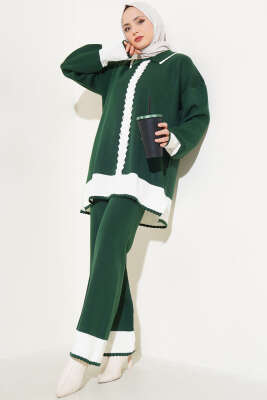 Taşlı Gömlek Yaka Triko İkili Takım Zümrüt 