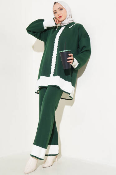 Taşlı Gömlek Yaka Triko İkili Takım Zümrüt - İkili Takım