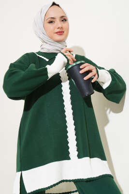 Taşlı Gömlek Yaka Triko İkili Takım Zümrüt - İkili Takım