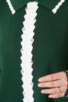 Taşlı Gömlek Yaka Triko İkili Takım Zümrüt - İkili Takım