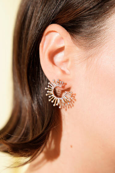 Taşlı Güneş Küpe Gold - Küpe