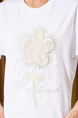Taşlı Güpür Çiçekli T-shirt Beyaz - Kadın Giyim Modelleri