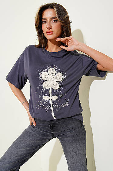 Taşlı Güpür Çiçekli T-shirt Füme - Kadın Giyim Modelleri