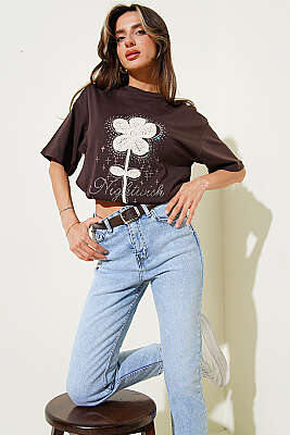 Taşlı Güpür Çiçekli T-shirt Kahve 