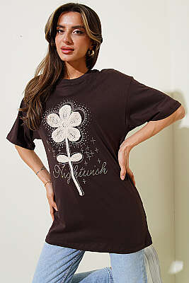 Taşlı Güpür Çiçekli T-shirt Kahve - Kadın Giyim Modelleri