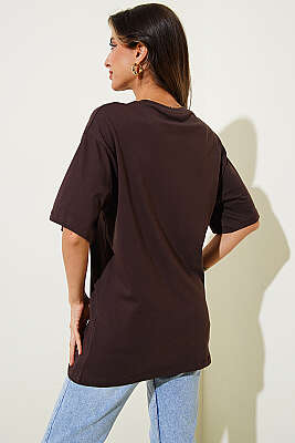 Taşlı Güpür Çiçekli T-shirt Kahve - Kadın Giyim Modelleri