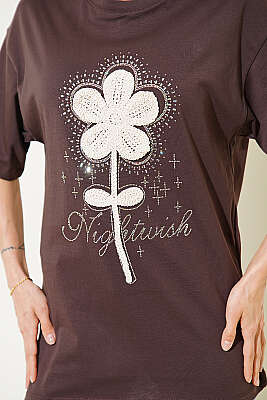 Taşlı Güpür Çiçekli T-shirt Kahve - Kadın Giyim Modelleri