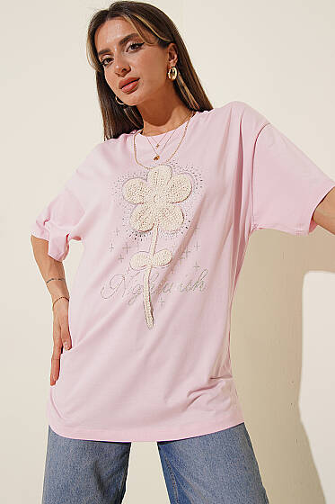 Taşlı Güpür Çiçekli T-shirt Pembe - T-Shirt
