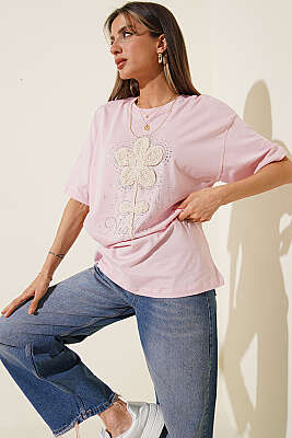Taşlı Güpür Çiçekli T-shirt Pembe - T-Shirt