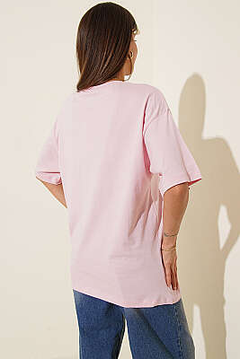 Taşlı Güpür Çiçekli T-shirt Pembe - T-Shirt