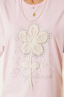 Taşlı Güpür Çiçekli T-shirt Pembe - T-Shirt