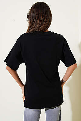 Taşlı Güpür Çiçekli T-shirt Siyah - Kadın Giyim Modelleri