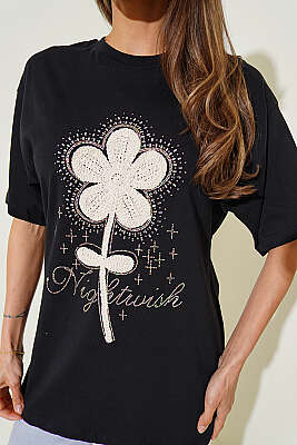 Taşlı Güpür Çiçekli T-shirt Siyah - Kadın Giyim Modelleri