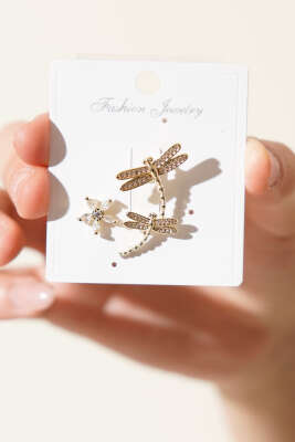 Taşlı İkili Yusufçuk ve Çiçek Görünümlü Kıkırdak Küpe Gold - DEMİR BİJUTERİ