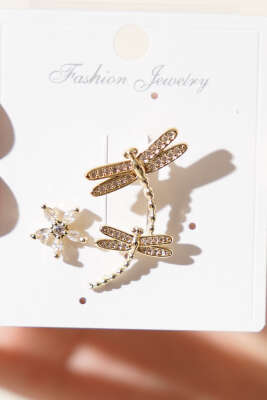 Taşlı İkili Yusufçuk ve Çiçek Görünümlü Kıkırdak Küpe Gold - Küpe