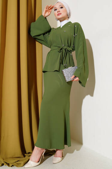 Taşlı İnci Süslemeli Etekli İkili Takım Haki - İkili Takım