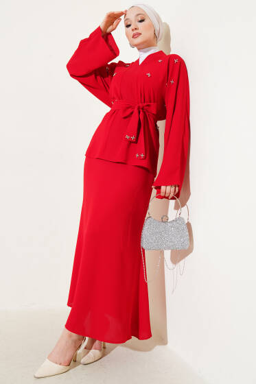 Taşlı İnci Süslemeli Etekli İkili Takım Kırmızı - İkili Takım