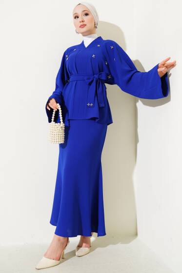 Taşlı İnci Süslemeli Etekli İkili Takım Saks - İkili Takım