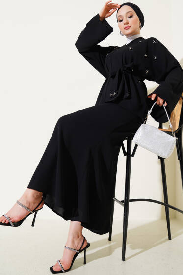 Taşlı İnci Süslemeli Etekli İkili Takım Siyah - İkili Takım