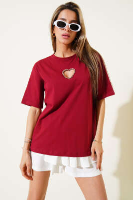 Taşlı Kalp Dekolteli T-shirt Bordo 