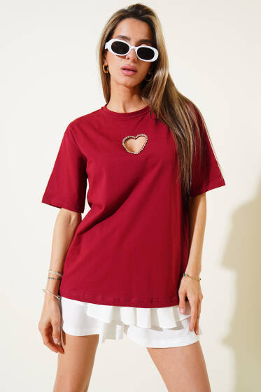 Taşlı Kalp Dekolteli T-shirt Bordo - Kadın Giyim Modelleri