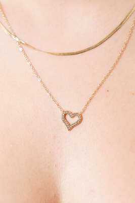 Taşlı Kalp ve Klasik Yassı Zincir Kolye Gold - Kolye