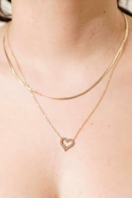 Taşlı Kalp ve Klasik Yassı Zincir Kolye Gold - DEMİR BİJUTERİ