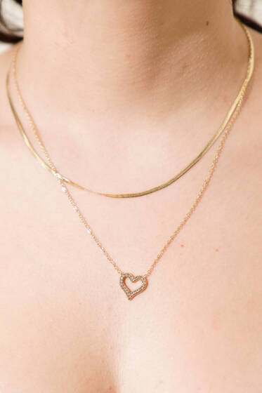 Taşlı Kalp ve Klasik Yassı Zincir Kolye Gold - Yılın Fırsatı