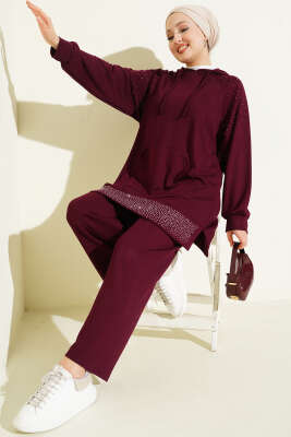 Taşlı Kanguru Cepli Loyşa İkili Takım Bordo - NESSİA