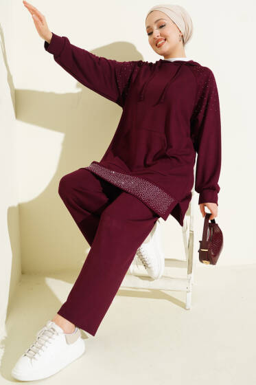 Taşlı Kanguru Cepli Loyşa İkili Takım Bordo - İkili Takım