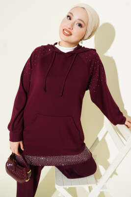 Taşlı Kanguru Cepli Loyşa İkili Takım Bordo - İkili Takım