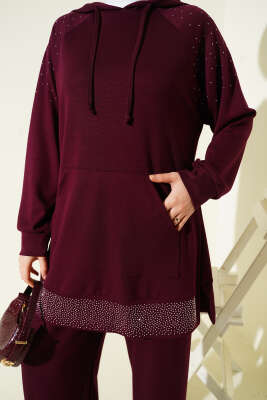 Taşlı Kanguru Cepli Loyşa İkili Takım Bordo - İkili Takım