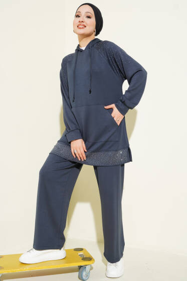 Taşlı Kanguru Cepli Loyşa İkili Takım Füme - İkili Takım