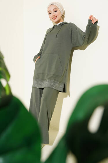 Taşlı Kanguru Cepli Loyşa İkili Takım Haki - İkili Takım