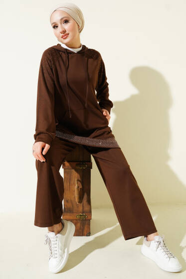 Taşlı Kanguru Cepli Loyşa İkili Takım Kahve - İkili Takım