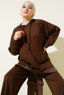 Taşlı Kanguru Cepli Loyşa İkili Takım Kahve - İkili Takım