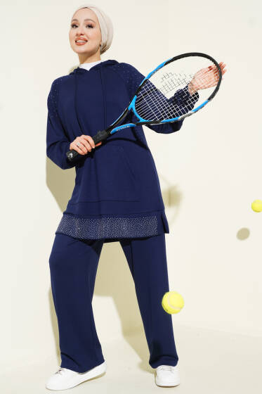 Taşlı Kanguru Cepli Loyşa İkili Takım Lacivert - İkili Takım