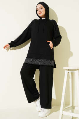 Taşlı Kanguru Cepli Loyşa İkili Takım Siyah - NESSİA