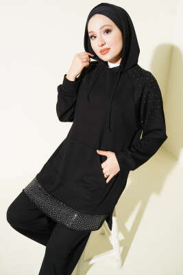 Taşlı Kanguru Cepli Loyşa İkili Takım Siyah - İkili Takım