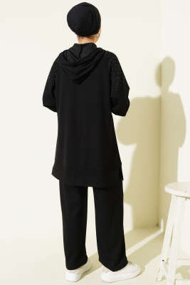 Taşlı Kanguru Cepli Loyşa İkili Takım Siyah - İkili Takım