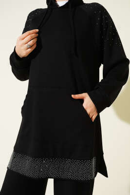 Taşlı Kanguru Cepli Loyşa İkili Takım Siyah - İkili Takım