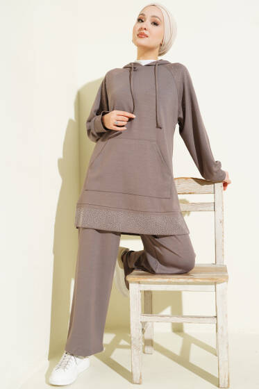 Taşlı Kanguru Cepli Loyşa İkili Takım Vizon - İkili Takım