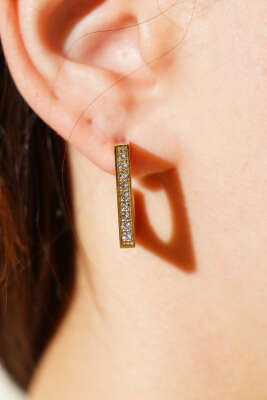 Taşlı Kare Küpe Gold - Küpe