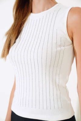 Taşlı Kaşkorse Crop Ekru - Kadın Giyim Modelleri