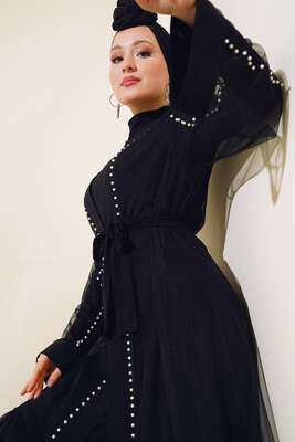 Taşlı Kat Tül Abaya Siyah - Elbise