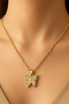 Taşlı Kelebekli Kolye Gold - KONYALI BİJUTERİ